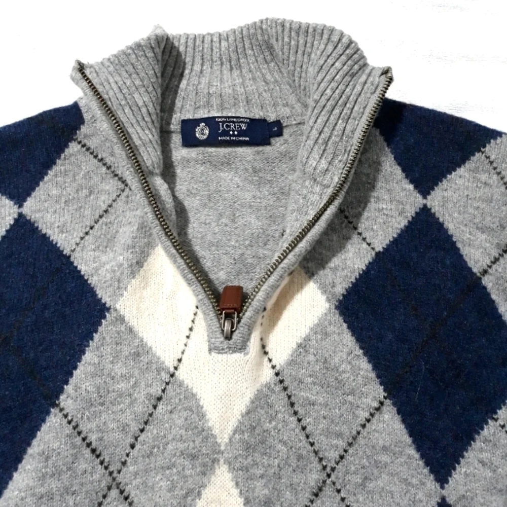 J. Crew Men's Sweater 100% lambswool gray blue and white size Large